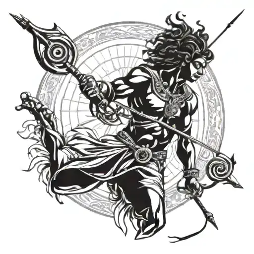 warrior arjuna pointing a bow and arrow to a pisces sun sign tattoo design idea
