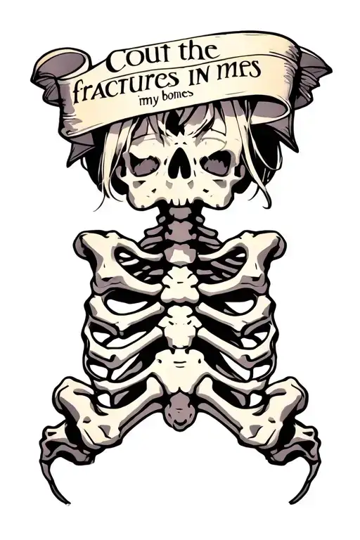 The text" count the fractures in my bones" in a bold font and an image of broken bones tattoo design idea