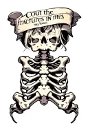 The text" count the fractures in my bones" in a bold font and an image of broken bones tattoo design idea