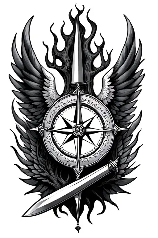 compass,chef knife, tree of life , flame like wings tattoo design idea