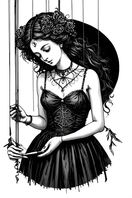 I want a female marionette with her strings being cut. make the tattoo linear to fit on a woman's tricep. The tattoo sho tattoo design idea