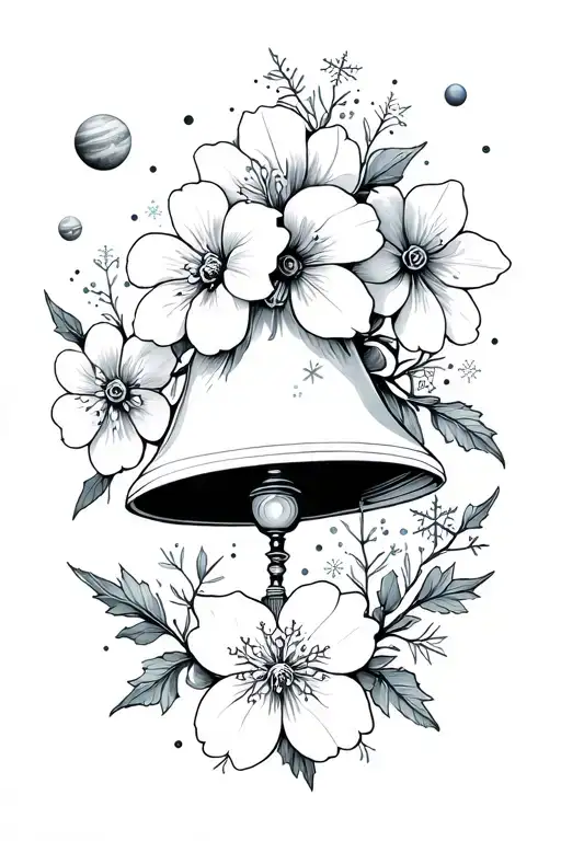 A semi realistic tattoo that incorporates white bell flowers, snowflakes and planets  tattoo design idea