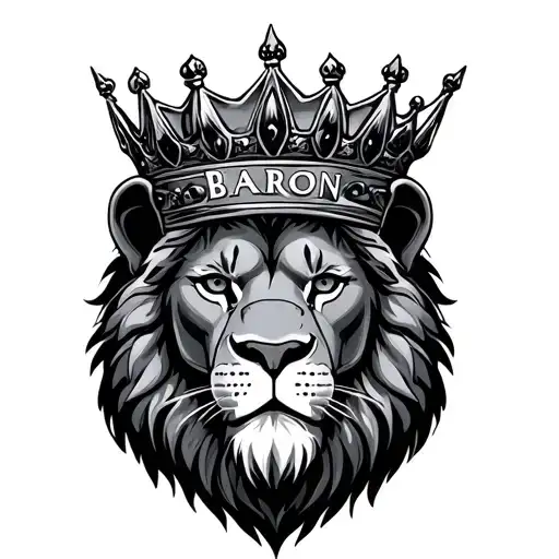 "BARON" lion wearing a crown tattoo design idea