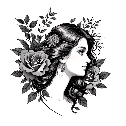 heart and roses and lady head profile holding tattoo design idea