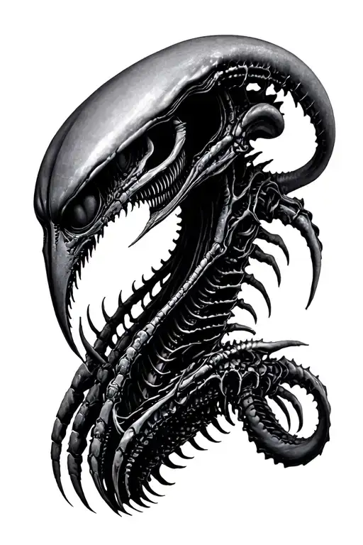 Realistic xenomorph by painter H.R. Giger presented in full from head to tail tattoo design idea