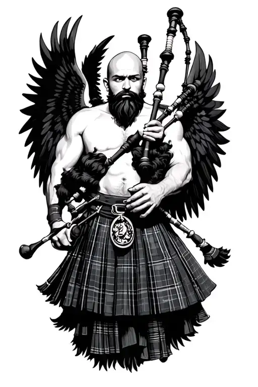legless shirtless muscular bagpiper bald black beard playing bagpipes huge black wings tattoo design idea