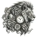 a lion and a clock marking the number 325 tattoo design idea