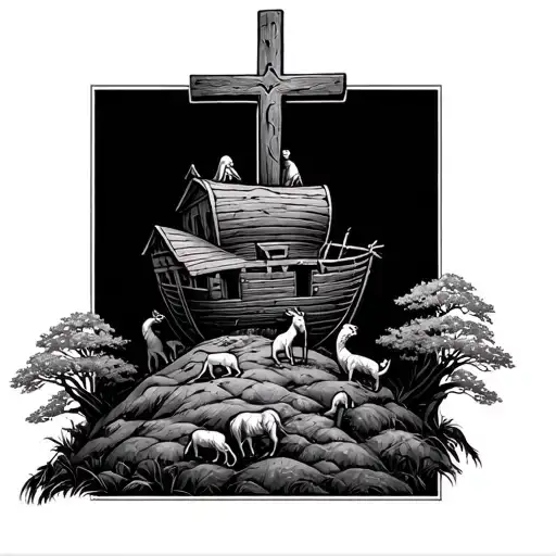 cross on a hill with Noah's ark and animals tattoo design idea