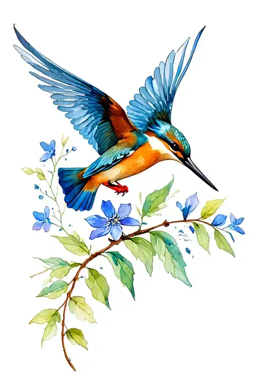 larkspur and kingfisher bird flying tattoo design idea