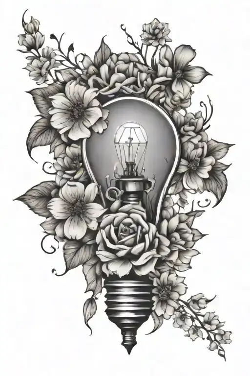 light bulb surrounded by blooming flowers tattoo design idea