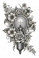 light bulb surrounded by blooming flowers tattoo design idea