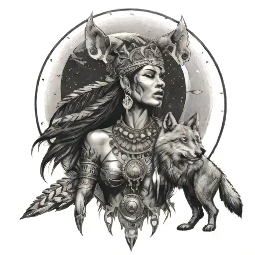 warrior Indian woman standing in full moon and wolf howling tattoo design idea