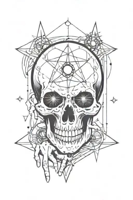 World, skull hands, tarot cards, human eye, stars, cyber sigilism tattoo design idea