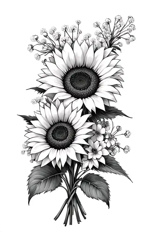 a bouquet of sunflowers with gypsophila tattoo design idea