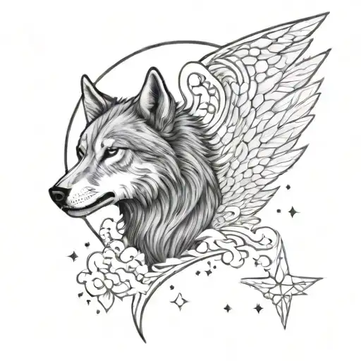 half sleeve, arc angel michael, cloud filled sky filled with stars, wolf,  tattoo design idea