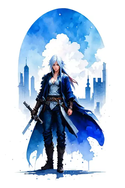 final fantasy vii characters incorporated in the city of nibbleheim. include cloud, tifa, Vincent, aerith, and sephiroth tattoo design idea
