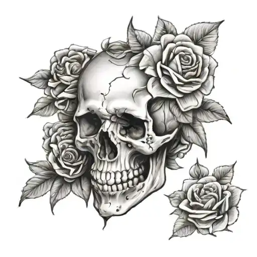 skull and flowers black and grey realistic tattoo design idea