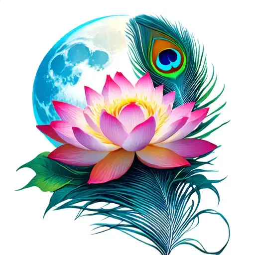 A pink lotus and blue cresent moon also add krushna 's flute or peacock feather tattoo design idea