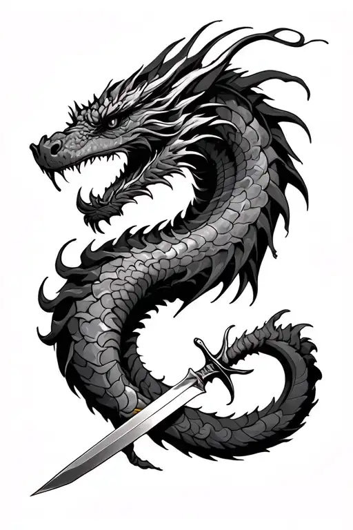 sleeve tattoo dragon spiraled down arm with a sword stabbed through it tattoo design idea