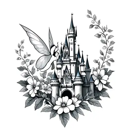 Disney Castle and Tinkerbell surrounded by leaves and flowers tattoo design idea