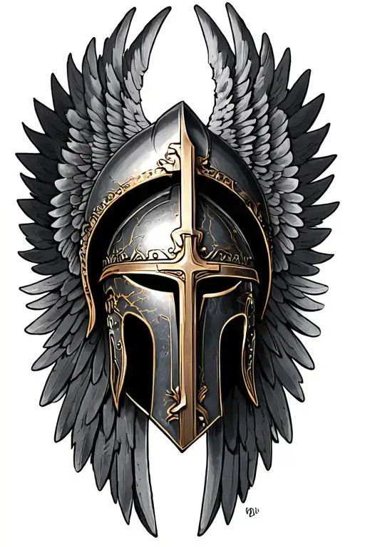cross wing and spartan helmet tattoo design idea