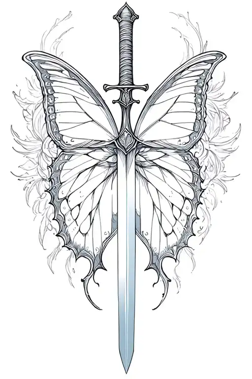 sword and butterfly emerging centrically in symmetry tattoo design idea