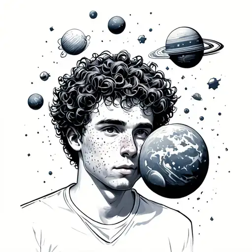 young man with freckles/curly hair in a ball overthinking position with space stuff coming out of his head tattoo design idea
