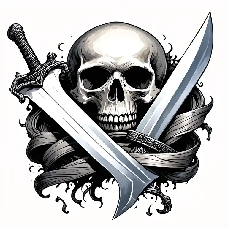 sword going through a skull with a snkae wrapped around the blade tattoo design idea