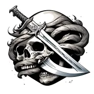 sword going through a skull with a snkae wrapped around the blade tattoo design idea