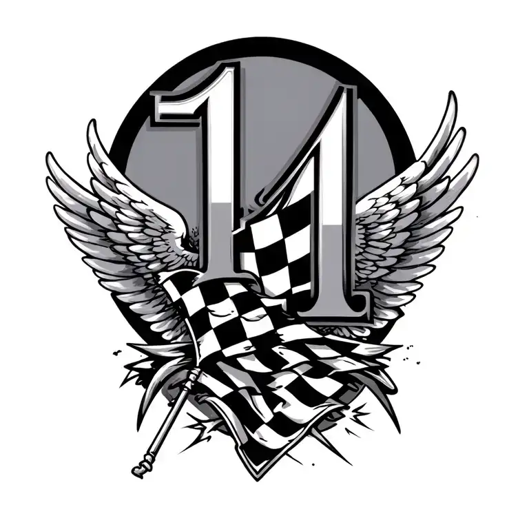 number 14 with wings and a checkered flag intertwined tattoo design idea