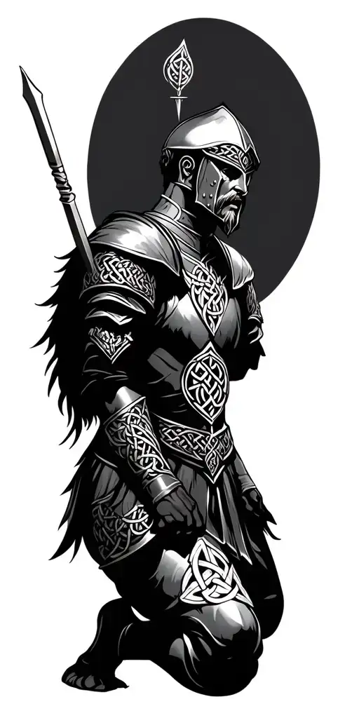 kneeling Irish Knight surround by Celtic knots tattoo design idea
