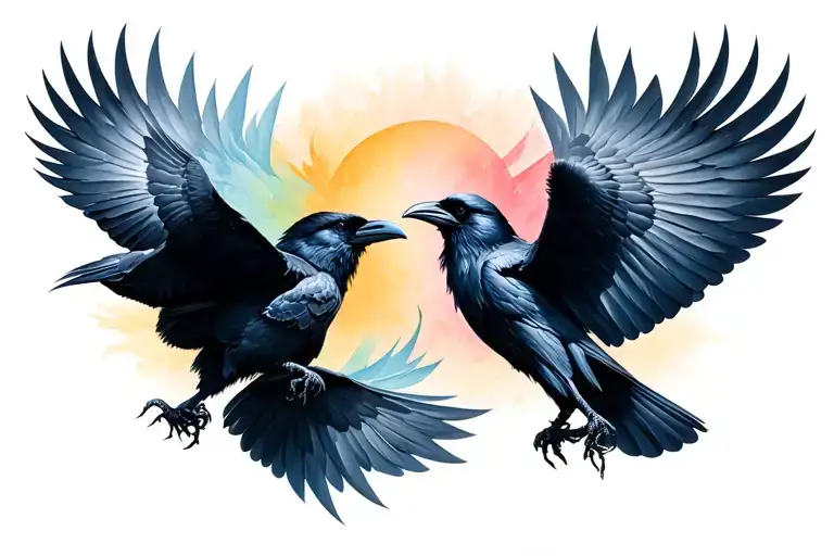 Two ravens Huginn and Muninn flying in opposite directions tattoo design idea