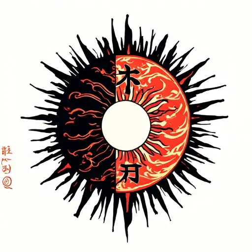 sun of death (half radiant half corrupt) in center kanji on Izanami tattoo design idea