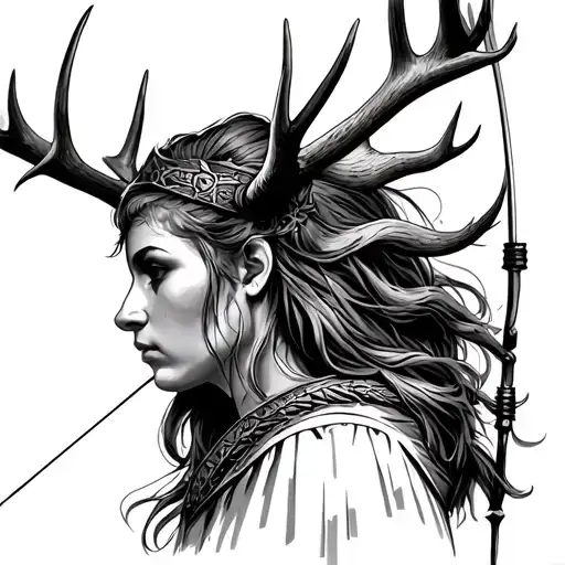 Germanic female warrior with antler head profile holding a archery bow tattoo design idea