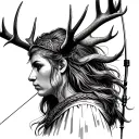 Germanic female warrior with antler head profile holding a archery bow tattoo design idea