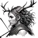Germanic female warrior with antler head profile holding a archery bow tattoo design idea