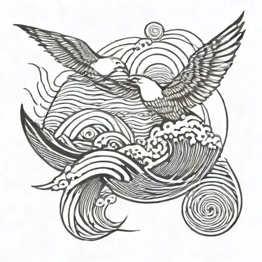 Waves with sun and gull one line tattoo design idea