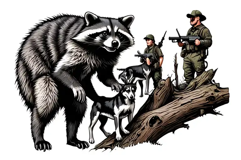 raccoon being treed by 2 hunting dogs and a 2 hunters a man and little boy with guns watching the dogs  tattoo design idea