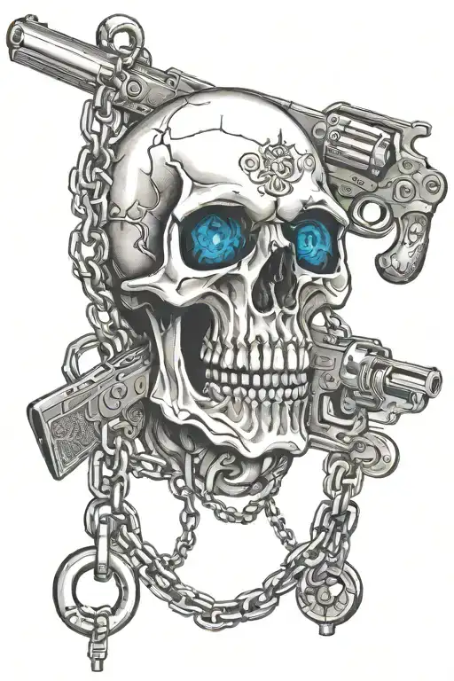  blue eye skull and gun hanging around with iron chain wrapped tattoo design idea