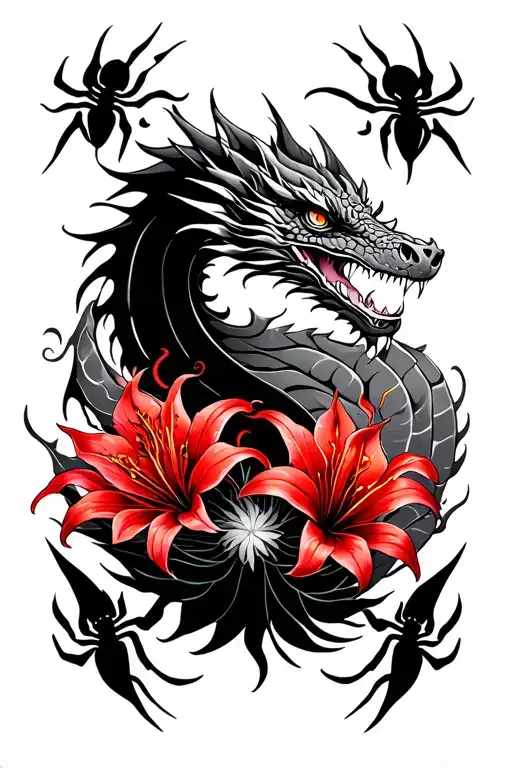dragon portrait with red spider lilies and tribal lines around  tattoo design idea