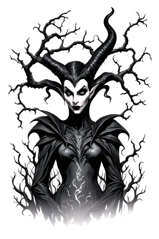 maleficent standing behind poison tree tattoo design idea