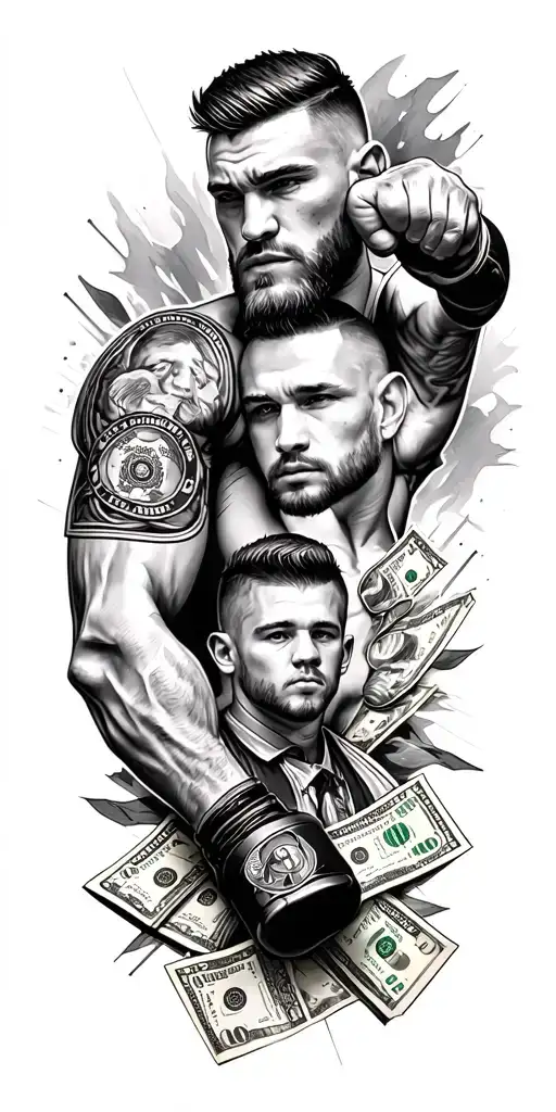 arm tatto design combining with fighting, family, and money, connor mcgregor tattoo design idea