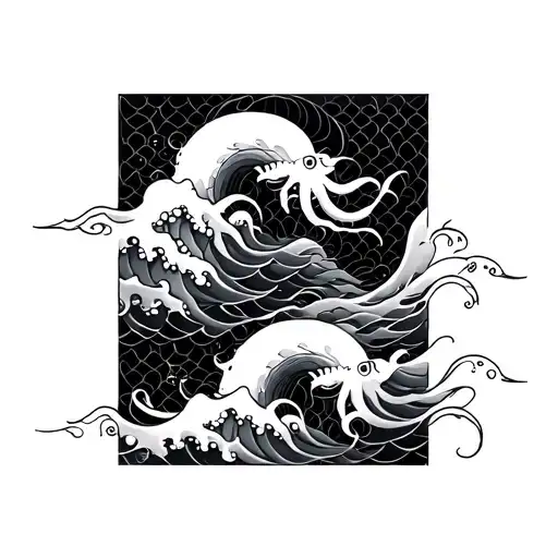 neo traditional japanese geometric abstract incorporating flowing waves and clouds, fish scales and octopus contours tattoo design idea
