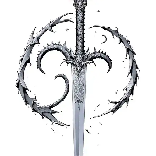 realistically the sword of narsil from lord of the rings which is broken with a sketch of a dragon wrapped around  tattoo design idea
