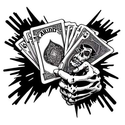 skeleton hand holding cards that have a design on them that symbolize karma with real looking sin shine rays on the top  tattoo design idea