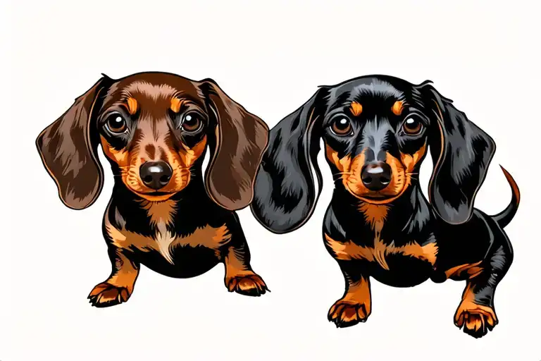 Two dachshunds—one brown and one black—designed to mirror each other in a yin-yang composition. tattoo design idea