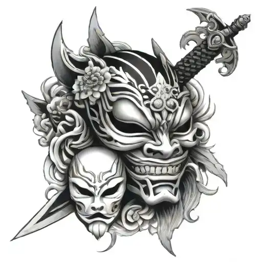 Japanese mask and daggers hidden tattoo design idea