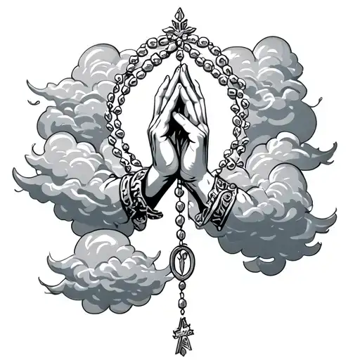 praying hands holding rosary surrounded by clouds tattoo design idea