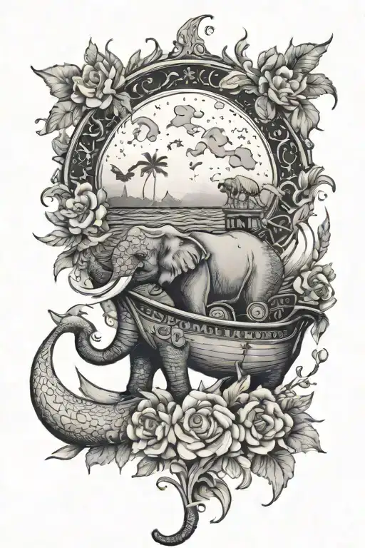 boat, ocean, moon, liberia, flowers, elephant tattoo design idea