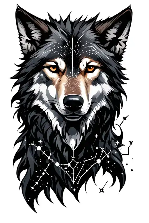 Wolf bust with constellation of Gemini and Capricorn tattoo design idea